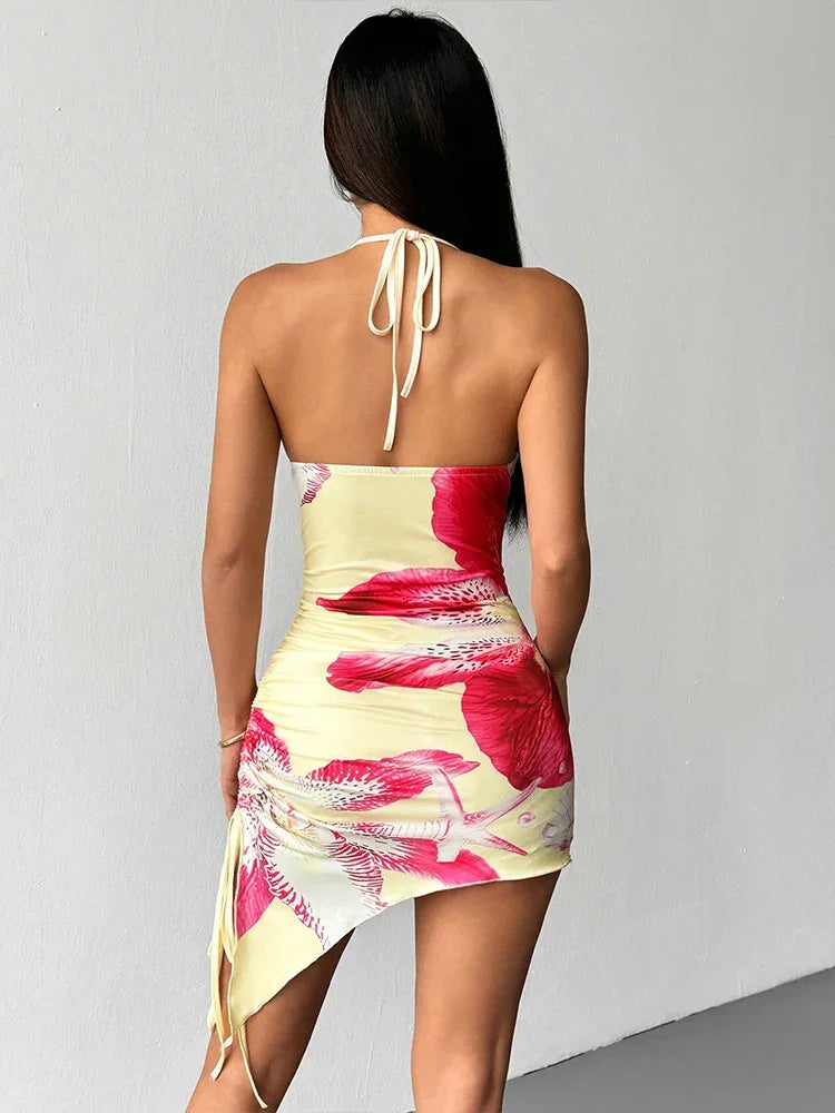Women's Dresses Summer New Streetwear Fashion Casual Slim Halter Lace-up Print Dresses Sexy Lady Backless Mini Dress Clothing