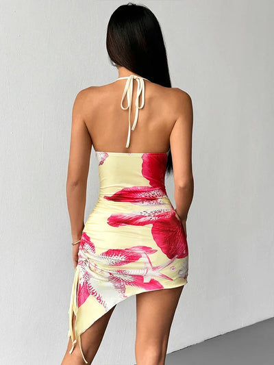 Women's Dresses Summer New Streetwear Fashion Casual Slim Halter Lace-up Print Dresses Sexy Lady Backless Mini Dress Clothing