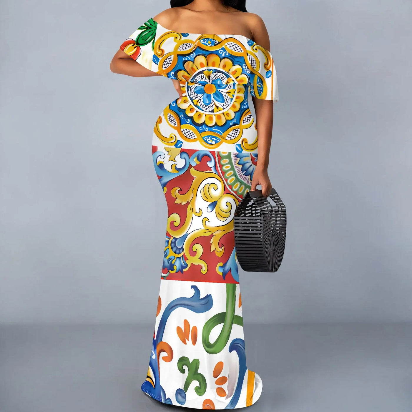 S-3XL Italian Tile Print Maxi Dress Off Shoulder Summer Holiday Boho Dress for Women
