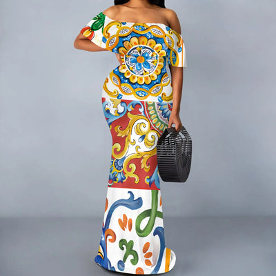 S-3XL Italian Tile Print Maxi Dress Off Shoulder Summer Holiday Boho Dress for Women