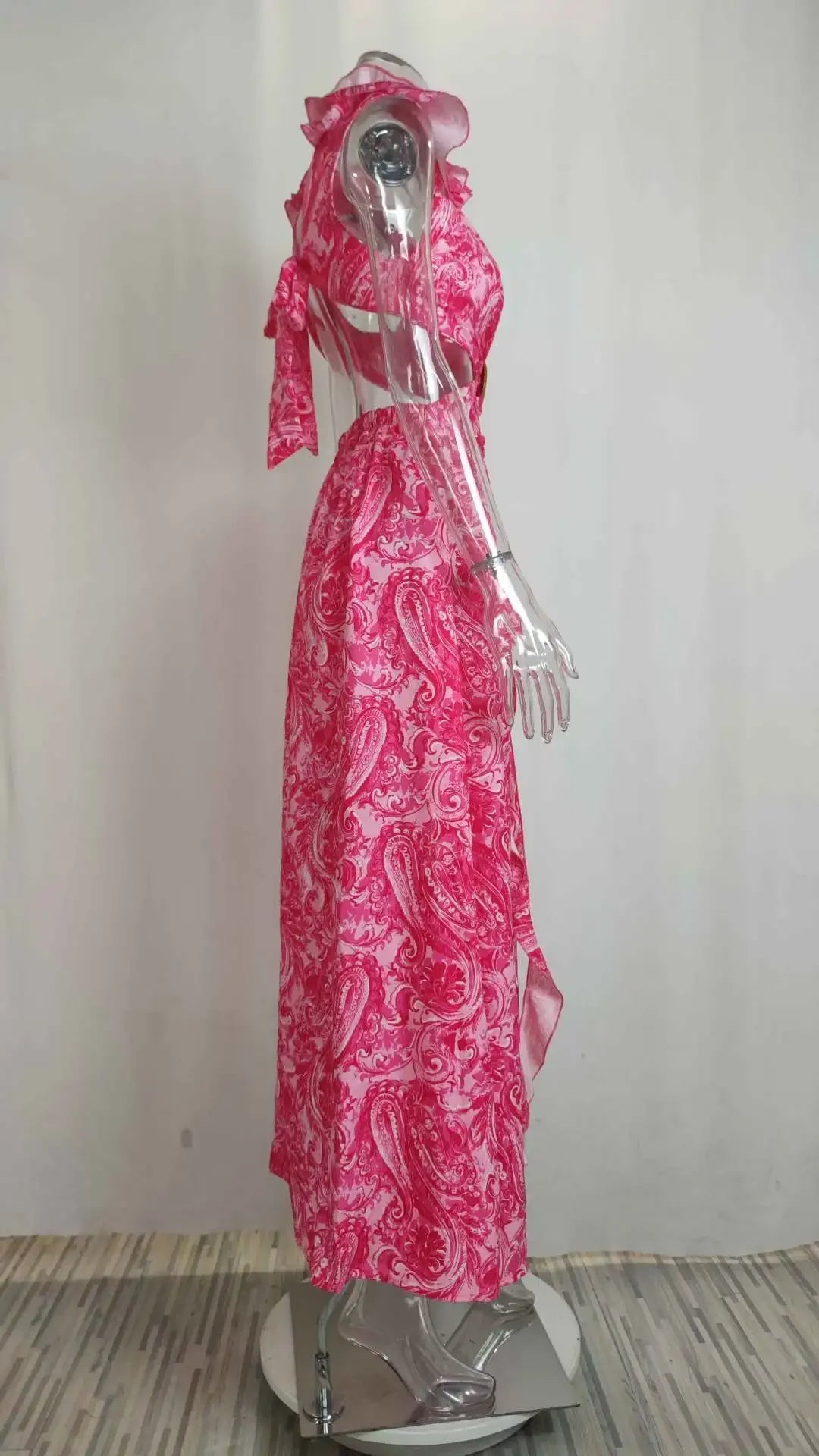 2025 Dress For Women Spring New Printed Deep V Sexy Exposed Waist Hollow Pleated Slit Long Dress Elegant Birthday Party Vestidos - Elanique