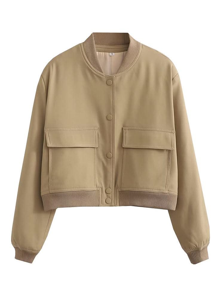 Women Fashion Solid Bomber Jackets Coat With Pockets V-Neck Single Breasted