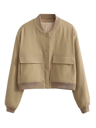 Women Fashion Solid Bomber Jackets Coat With Pockets V-Neck Single Breasted
