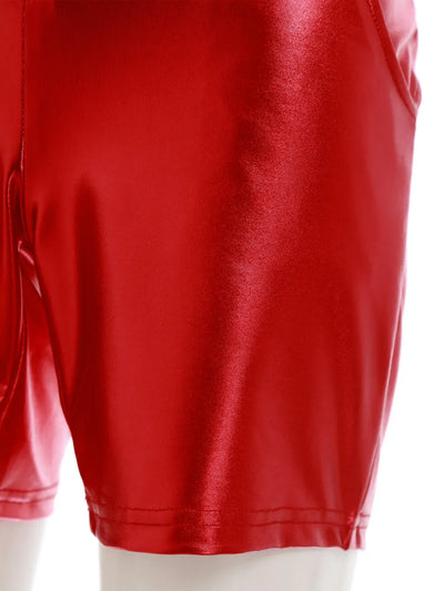 Womens Metallic Shiny Biker Tights Shorts High Waist Front Zipper Pockets Bodycon Short Leggings Motor Riding Dance Shorts