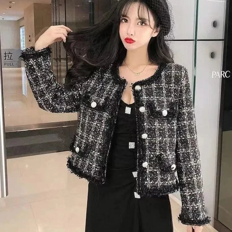 Luxury Tweed Jacket Women Coat Long Sleeve Tweed Blazer Crop Jacket Short Tops Plaid Pockets Office Ladies Clothing New