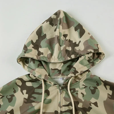 Camouflage Print Loose Casual 2 Piece Set Women Tracksuits Full Sleeve Zipper Hooded Sweatshirts Top + Wide Leg Pants Suits