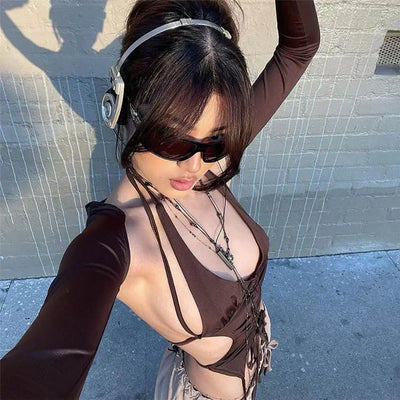 Y2k Streetwear 2 Piece Long Sleeve Halter Crop Top Sexy Trendy Irregular Backless Women T-shirts Aesthetic