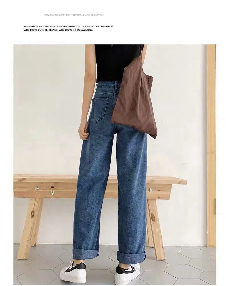 Loose Straight Cylinder Women Jeans High Waist Slimming Long Pants Trendy Cotton Fabric Comfortable Casual Style