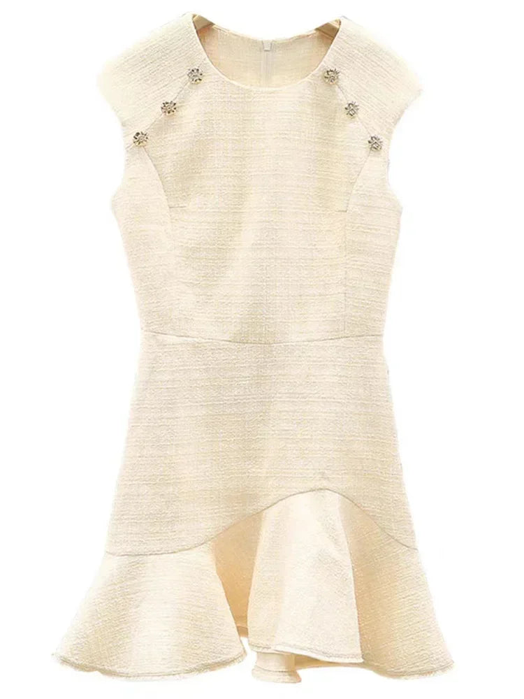 Women's Tweed Ruffled Mini Dress – Casual Round Neck Sleeveless Female Robe