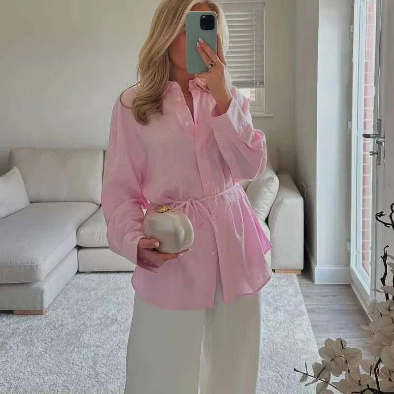 White Shirt For Women Fashion Cotton And Linen Loose Lace Up Blouse Spring Summer 2025 New Long Sleeve Simple Casual Shirts Lady