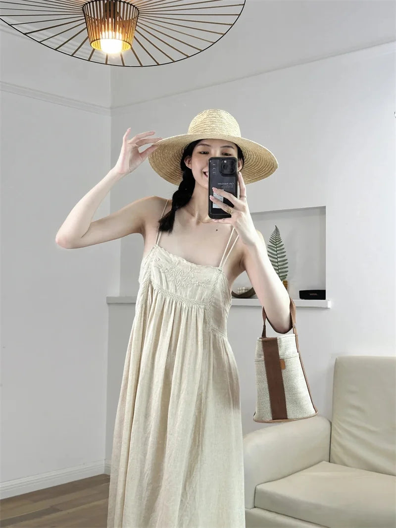 Women's Dresses New Summer 2025 Embroidered Decorative Midi Dress Sexy Suspenders Open Back Design Personality and fashion