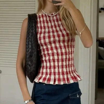 Women Shirred Tank Top Sleeveless Ruffle Hem Smocked Crop Top