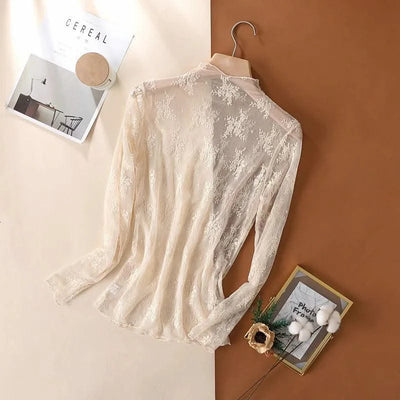 Women Mesh T-Shirts Transparent Lace Blouse Long Sleeve See Through Tops