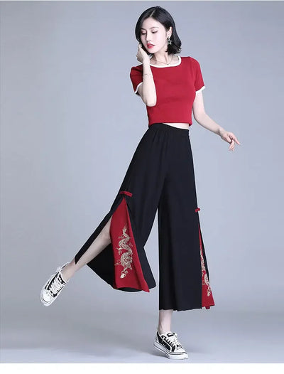 Fashion Women Trousers High Waist Wide Leg Pants Chiffon Slit Culottes Cheap Wholesale Elastic Waist Cropped Pants Free Shipping