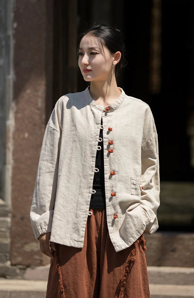 Cotton Linen Women's Literary Vintage Ramie Tops Shirt Women's Patchwork Colour Plate Button Lapel Cardigan Jacket Chinese Style