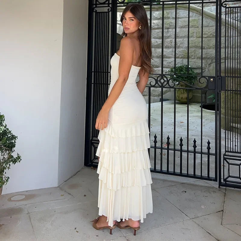 NIDANSSI White Strapless Backless Evening Party Dress Women Ruffle Robes Elegant Sexy Dress Bodycon Long Summer Dress Vestidos