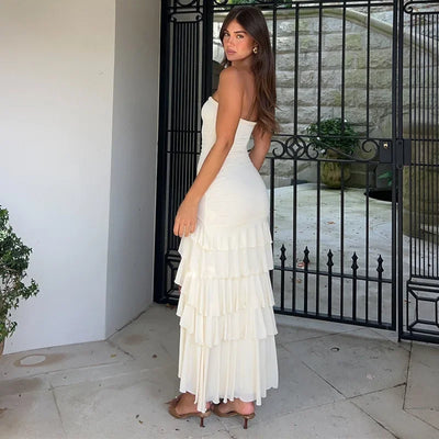 NIDANSSI White Strapless Backless Evening Party Dress Women Ruffle Robes Elegant Sexy Dress Bodycon Long Summer Dress Vestidos