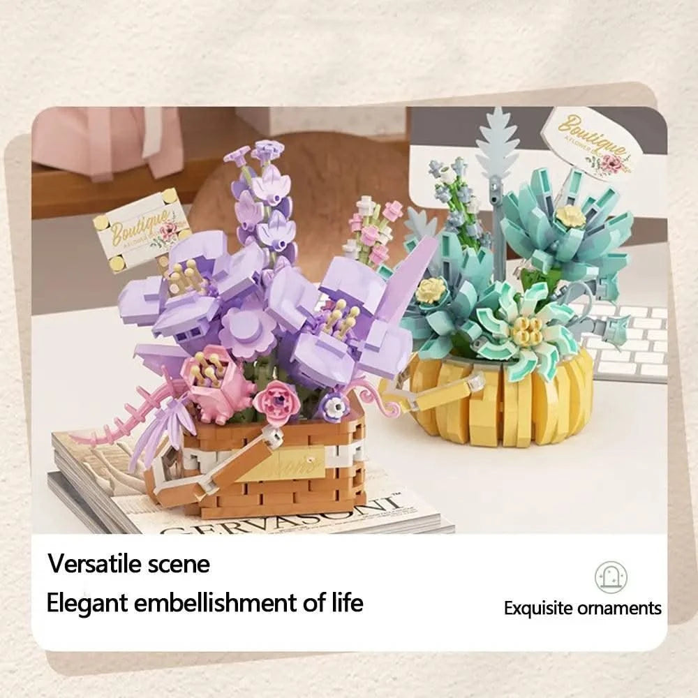 Garden Romantic Bricks DIY Potted Plants Model Bag Eternal Basket Bonsai Flower Succulents Building Blocks