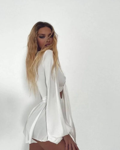 Women s Two Piece Outfits Low Cut Tie Front Pajamas Set Summer Long Sleeve Shorts Loungewear Set