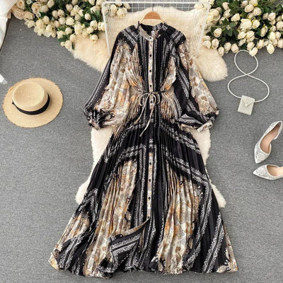 Retro Print Elegant Pleated Lace-up Chiffon Long Sleeve Dress A-line Blouse French Casual V-neck High Waist Women Summer Dresses