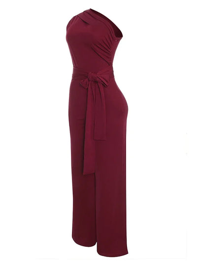 Women's Jumpsuit Solid Skew Collar Crop Top Straight Pants Belt Sexy Sleeveless Loose Pants Elegant Charming Playsuits 2024