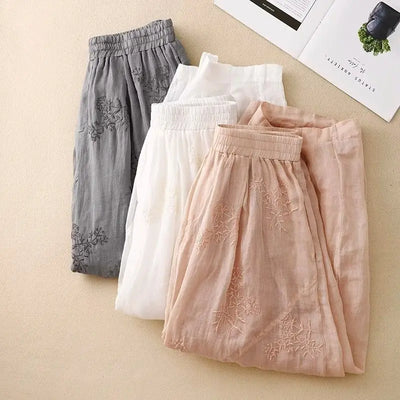 Cotton and Linen Harem Women Summer Vintage Embroidery Lightweight Breathable Lantern Pants