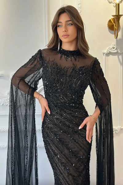FATAPAESE Luxury Evening Dress 2025 Sheath Beading Sequined High neck Full Sleeve Zipper Sweep Prom Dress Shiny Formal Gowns