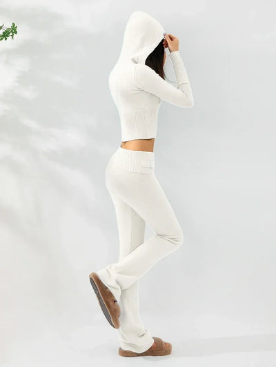 Women Tracksuit  Knit Lounge Set Long Sleeve Zip Up Hoodie with High Waist Wide Leg Pant 2 Piece Sweater Ensemble Casual Set