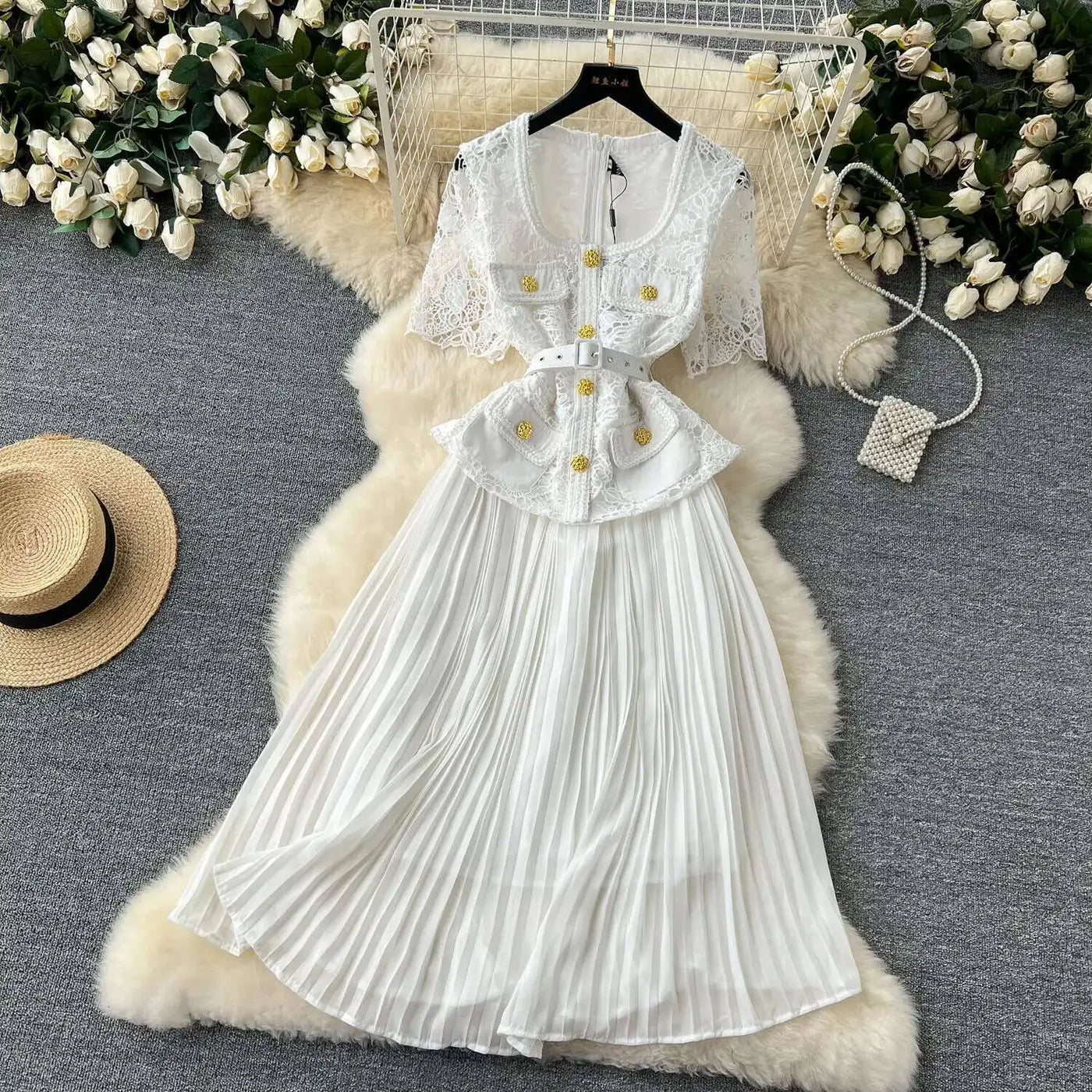 Designer 2025 Summer Pleated Chiffon Lace Long Dress Women Flower Embroidery Gold Button Belt Evening Party Dresses Wedding Robe