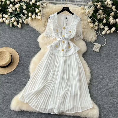 Designer 2025 Summer Pleated Chiffon Lace Long Dress Women Flower Embroidery Gold Button Belt Evening Party Dresses Wedding Robe