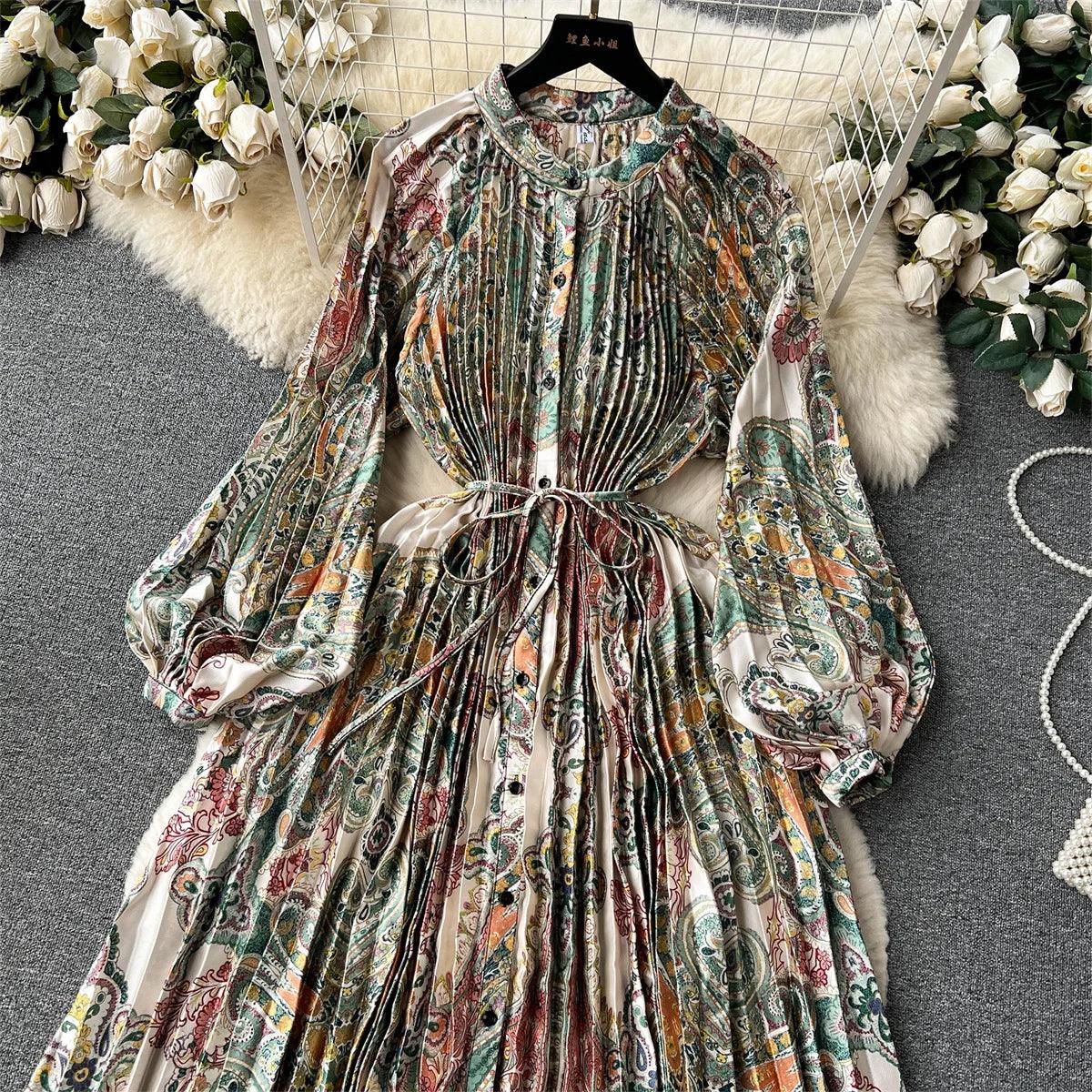 Retro Print Elegant Pleated Lantern Long Sleeve O Neck Single Breasted Dress A-line  Casual High Waist Women Summer Dresses