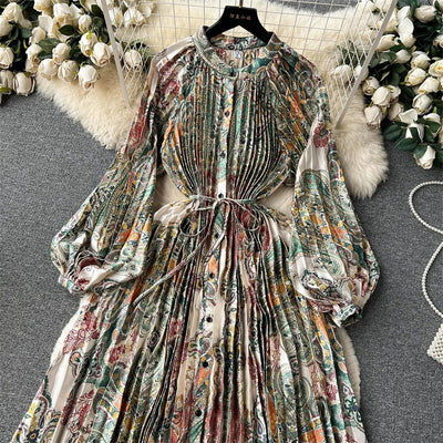 Retro Print Elegant Pleated Lantern Long Sleeve O Neck Single Breasted Dress A-line  Casual High Waist Women Summer Dresses
