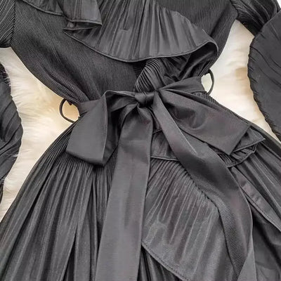 Women's V Neck Ruffles Splice Lantern Sleeve High Stretch Oversized Dresses Miyake Maxi Pleated 2025 Spring Long Party Clothing