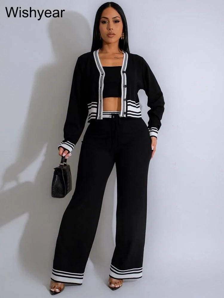 Casual Active Wear Knitted Tracksuit Women 3 Piece Set Sporty Fitness Striped Top + Bra+ Wide Leg Pants Outfits Jogging Femme