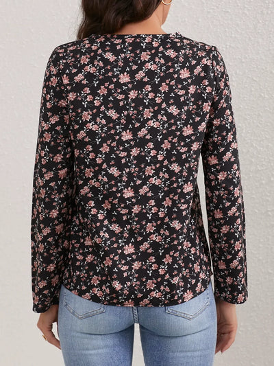 Ladies Floral Print Crew Neck Blouse Casual Long Sleeve Blouse Women Tops Shirts