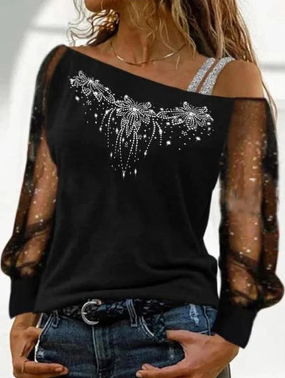 Women Casual Diagonal Collar Long Sleeve Tops