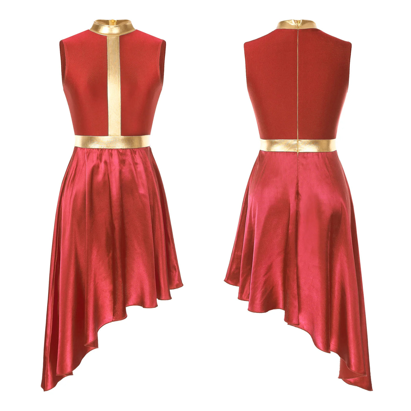 Women Lyrical Dance Dress Color Block Patchwork Invisible Zipper Back Flowy Asymmetrical Hem Sleeveless Dresses Dancewear