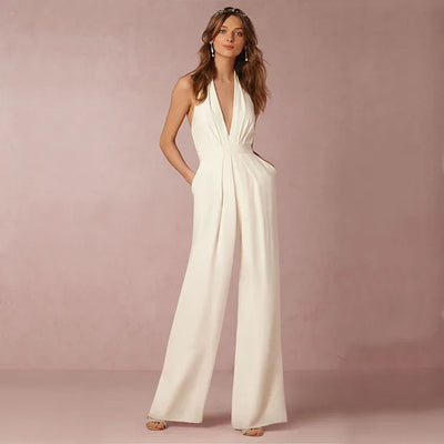 Jumpsuits Women Sexy Playsuits Deep V-neck Sleeveless Halter Neck Backless High Waist Wide Leg Jumpsuit Elegant Party Banquet