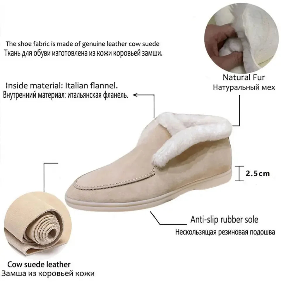 Fur Ankle Boots Women's Cow Suede Loafers High Quality 2025 Winter Flat Shoes Fur Integrated Warm Snow Boots