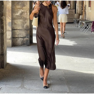 Women's Elegant Satin Sleeveless Midi Dress Fashion Solid Color O Neck Slim Fit Dresses Female Stylish Street Party Vestido 2024