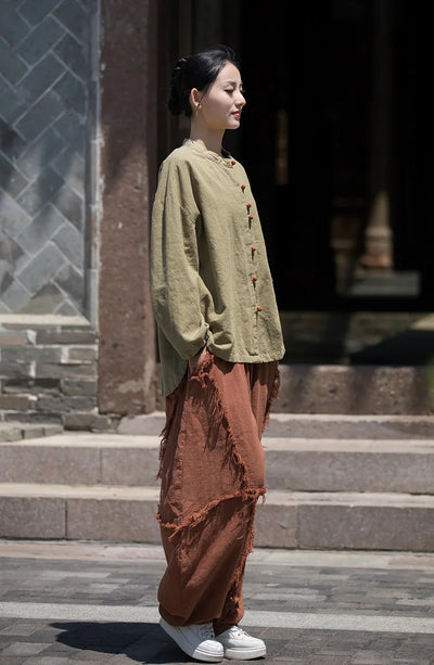 Cotton Linen Women's Literary Vintage Ramie Tops Shirt Women's Patchwork Colour Plate Button Lapel Cardigan Jacket Chinese Style