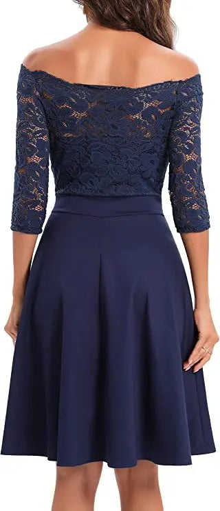 Women Elegant Wedding Bridesmaid Dinner Dress Sexy Lace Off Shoulder Party Dresses Solid Color Half Sleeve Evening Gown Vestido