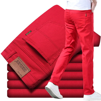 New High Quality Men's Trend Yellow Red White Jeans 2024 Spring Autumn Male High Waist Casual Pants Classic Brand Denim Trousers
