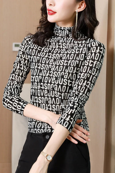 Printed Waffle Mesh T-shirts For Women New Autumn Slim-fit Base Half High Neck Strech Basic Tops Female