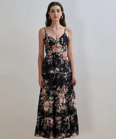 Women's Summer Black Floral V Neck Sleeveless Backless Halter Dress Fashion Elegant Sexy Bow Tie Black Backless Party Dresses