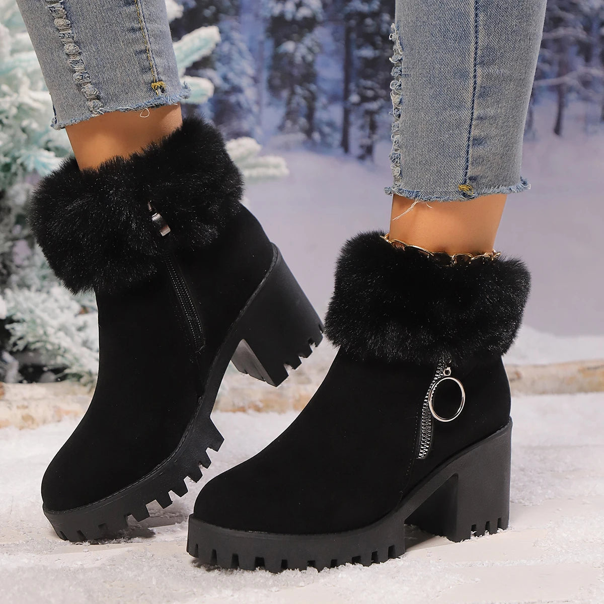 Women's Boots Winter for Ankle Rubber Outsole Warm Cotton Leather Fur Integrated Boots Botas Mujer Platform Ankle Boots Elegant