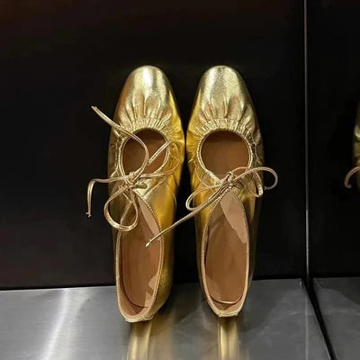 Women Ballet Leather Narrow Band Flat Shoes  Bling Silver,  Gold Footwear