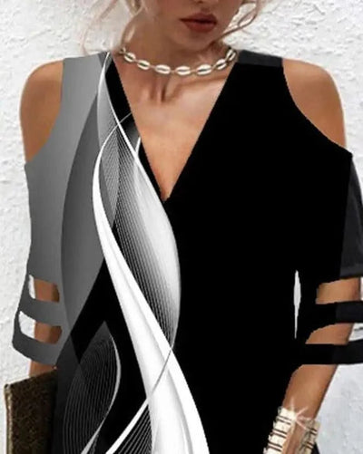 Dresses for Women 2025 Summer Fashion  Abstract Print Colorblock Cold Shoulder Contrast Mesh Casual Female Mini A Line Dress