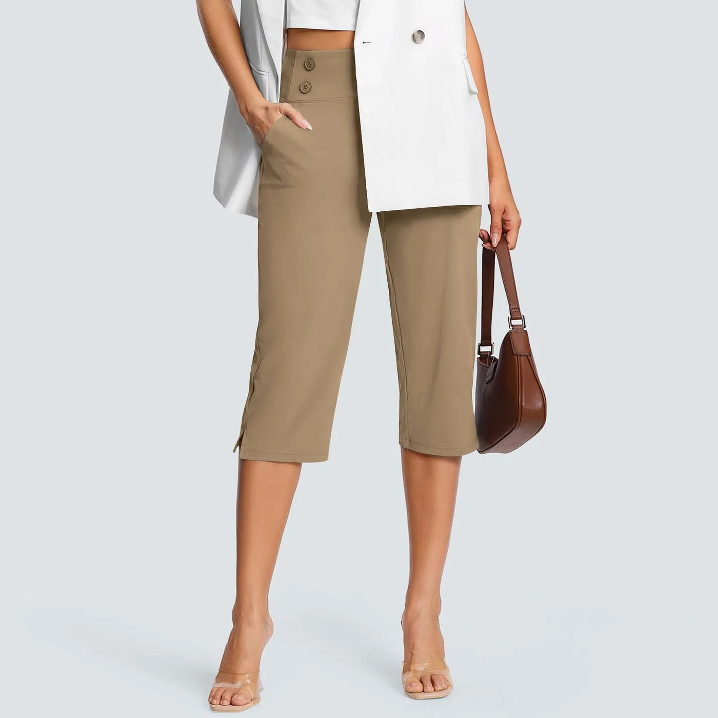 Women Elastic High Waist 3/4 Pant Casual Active Fit Wide Capris Leg Pants Trousers With Pockets Pants Woman брюки женские