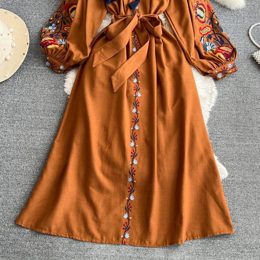 Boho Vintage Spring Autumn Women's Dress Ethnic Style Sundress Long Sleeve Embroidered Cotton Linen Black Beach Dresses платье